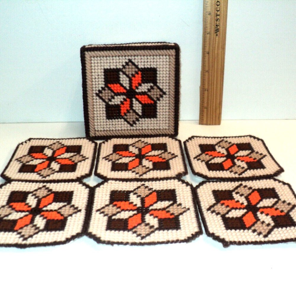 Needlepoint Handmade 6 Coasters and Holder Tan, Brown, Orange Vintage New